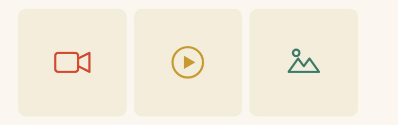 動画カメラ、再生ボタン、写真を表す3つのアイコン